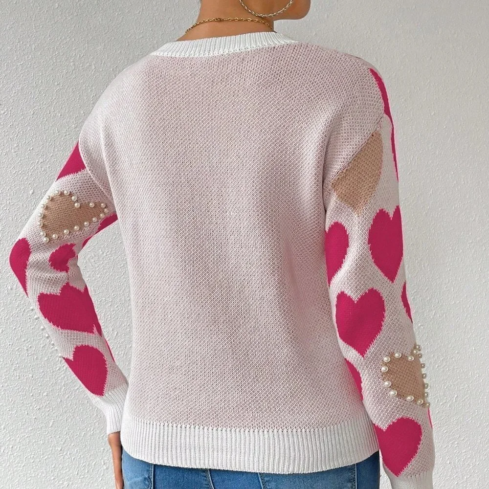 Hot Pink Casual Womens Heart Embroidery Beaded Pullover Sweater - Picture 2 of 5